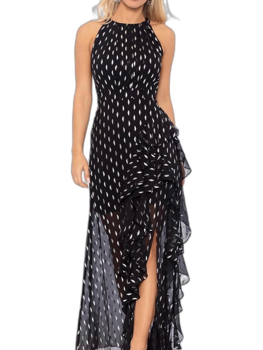 Betsy & Adam Black Halter High-Low Ruffle Maxi Dress with White Print